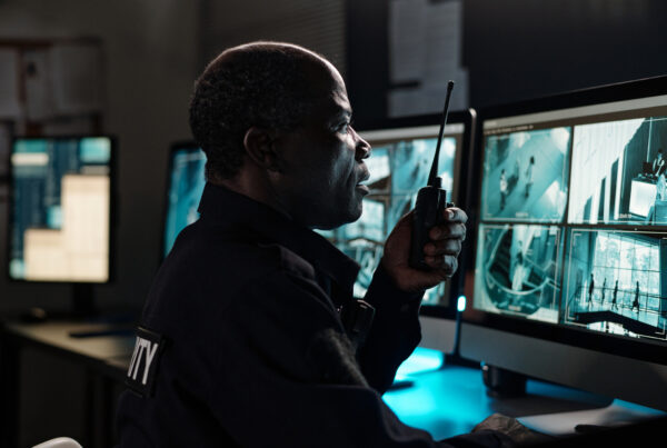 security officer using radio for communication in restricted environment