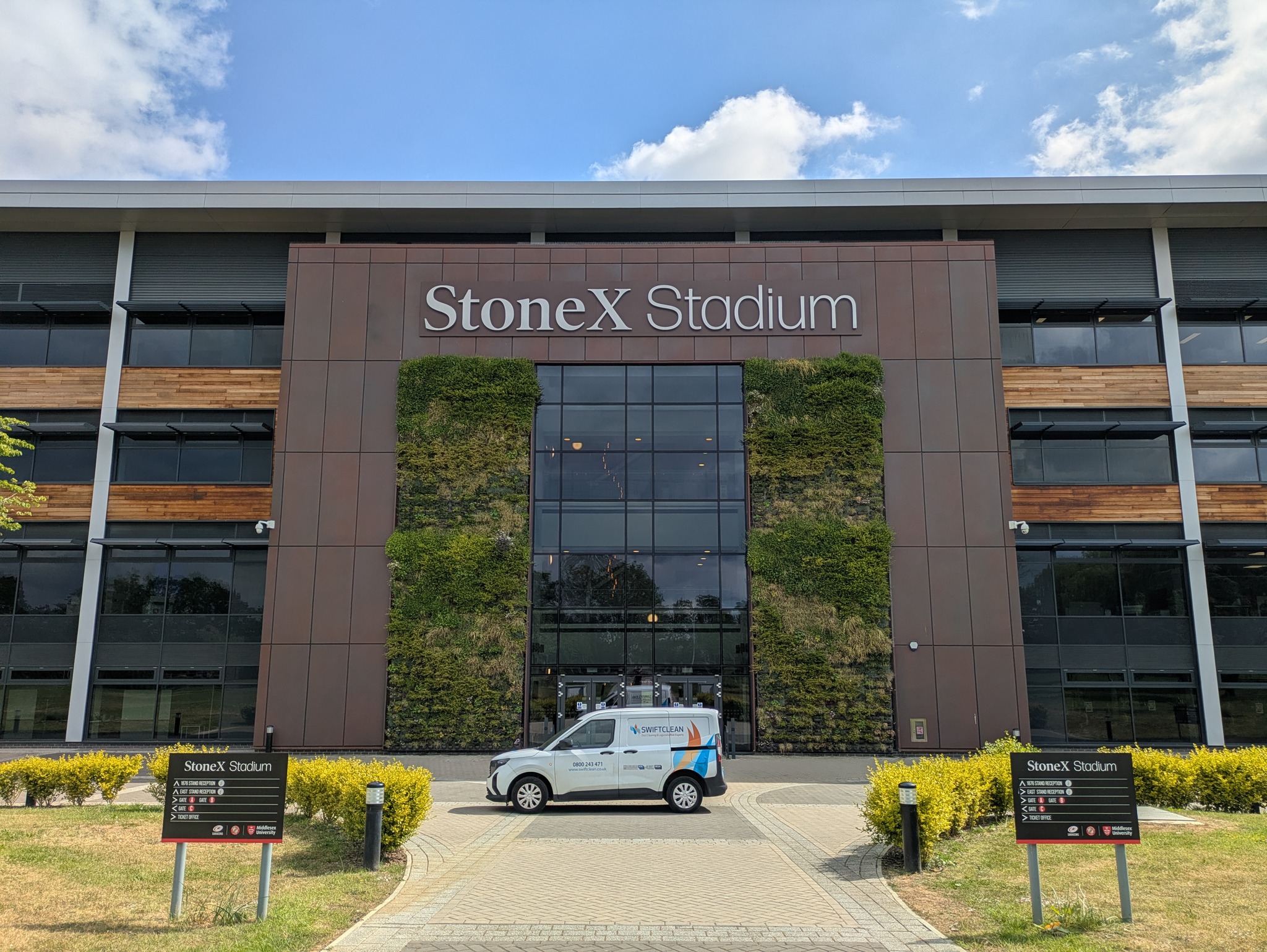 Swiftclean van at StoneX Stadium supporting stadium water hygiene compliance and ventilation services